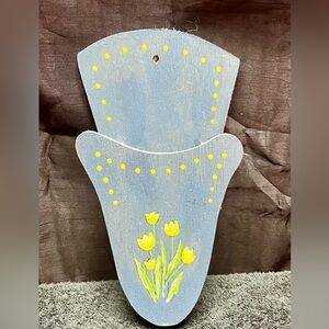 🌼 Handpainted Wooden Wall Pocket – Blue Rustic with Yellow Tulips